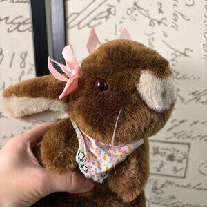 VINTAGE 80s ?? Cuddle Wit ?? Brown Bunny Plush Pink Floral Lace Collar EASTER